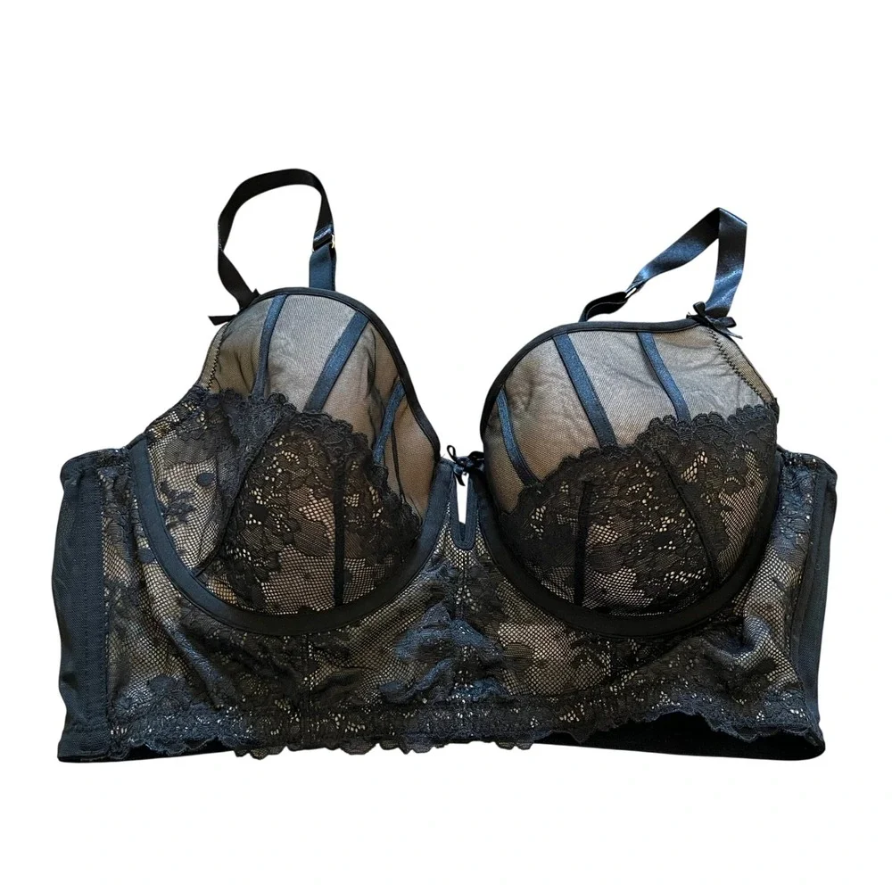 Cacique Black Lace Sheer Mesh Lightly Lined Balconette Bra 42C Longline 5228